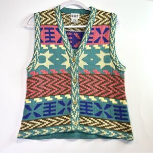 Vintage Koret Sweater Button Front Knit Vest Small Multicolor Geometric